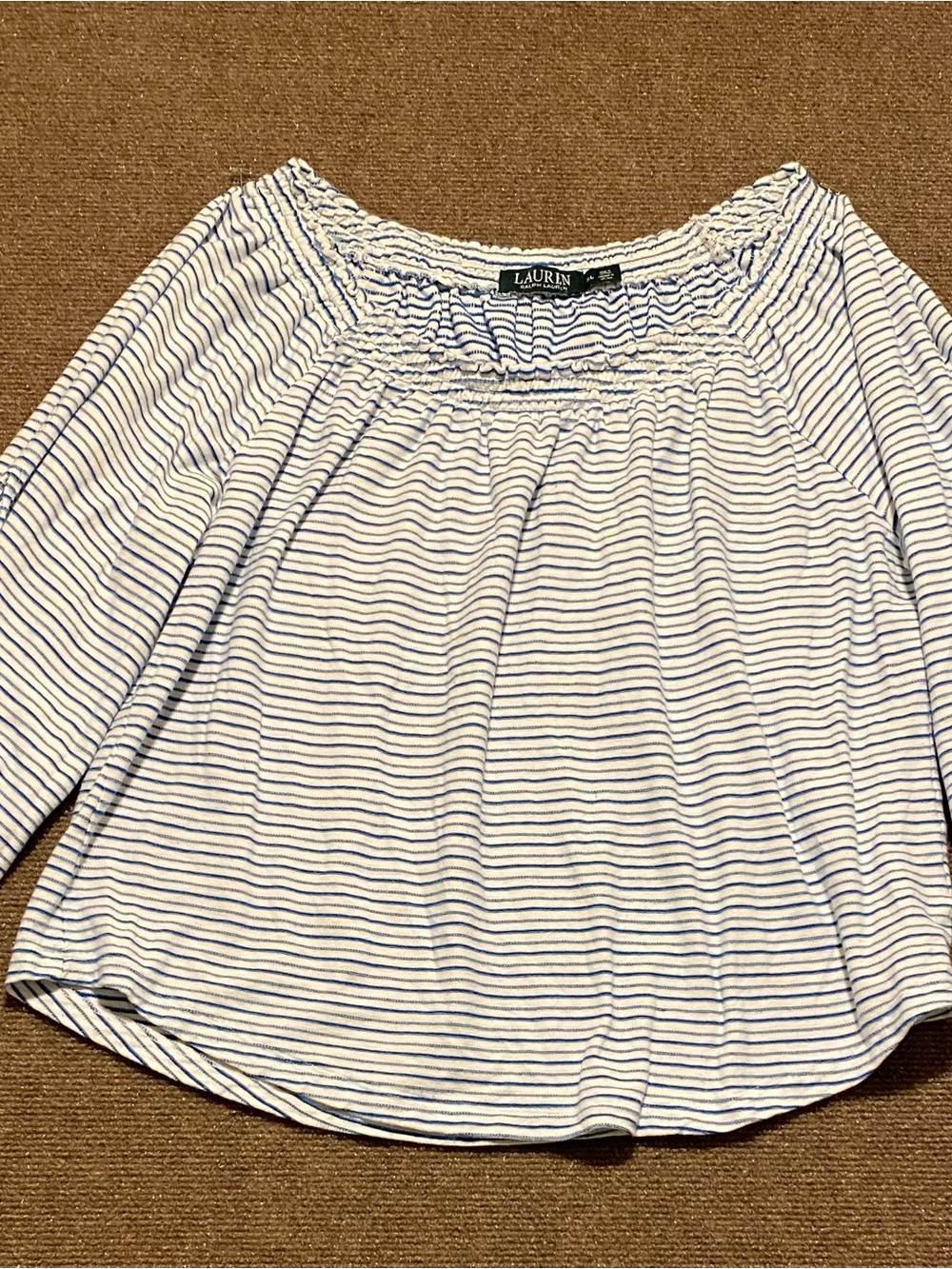 Lauren Ralph Lauren White and Navy Striped Tie Sleeve Top